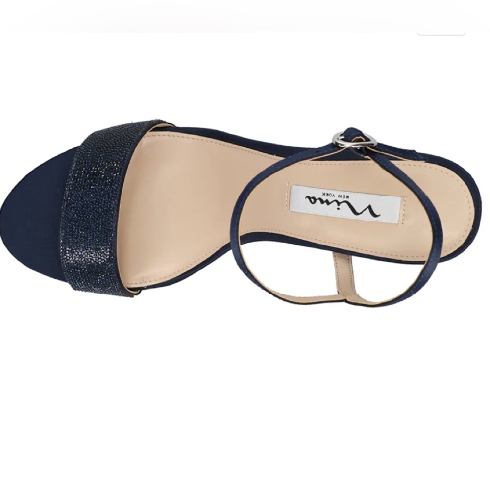 Nina Haven Rhinestone Ankle Strap Block Heel Sandals Navy Luster Satin Sz 5.5M - Picture 3 of 14